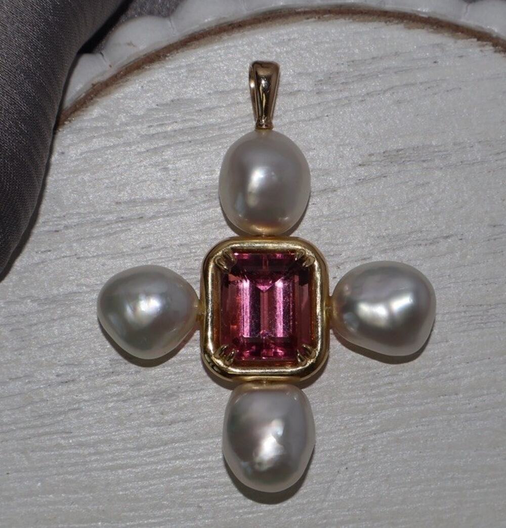 18k & 14k Bail Yellow Gold Pearl & Pink Tourmaline Cross Pendant 11.9G / 1.9in
